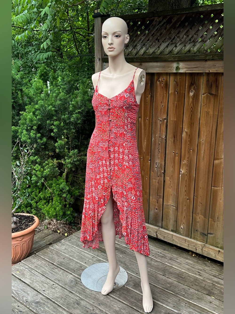 Red Patterned Button-down  Dress  High-Low